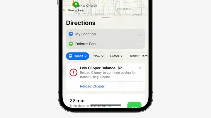 New transit information in the Apple Maps app on an iPhone.