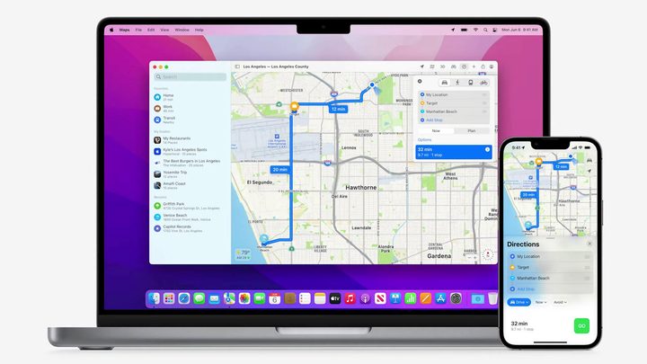 Apple Maps running on an iPhone and MacBook Pro.