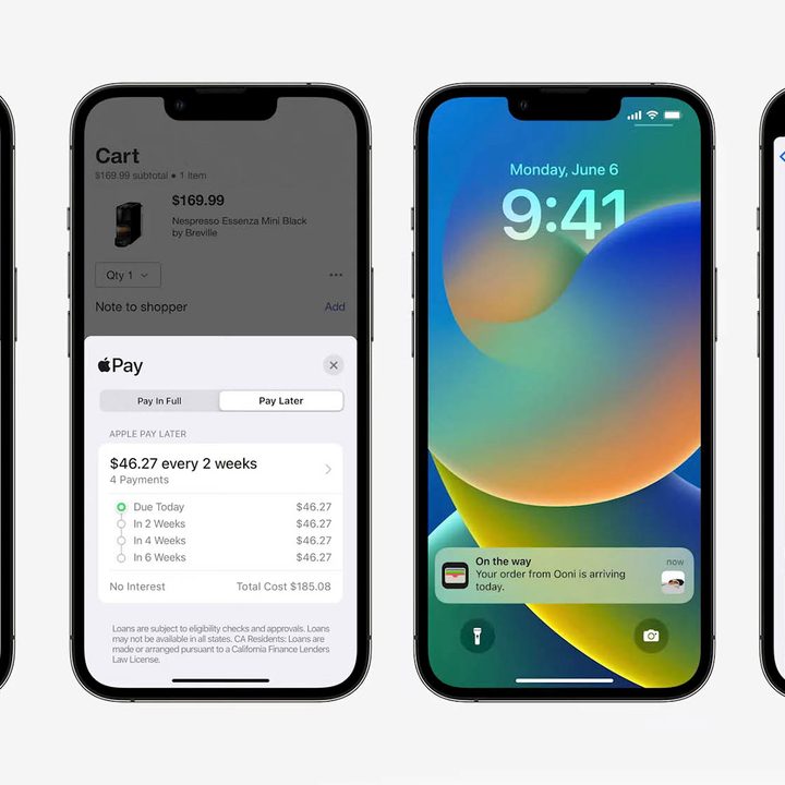 Apple Pay Later feature being displayed on four iphones all lined up in a row. The displays of the phones showcase the different payment dates and lock screen notifications that will come with the feature.