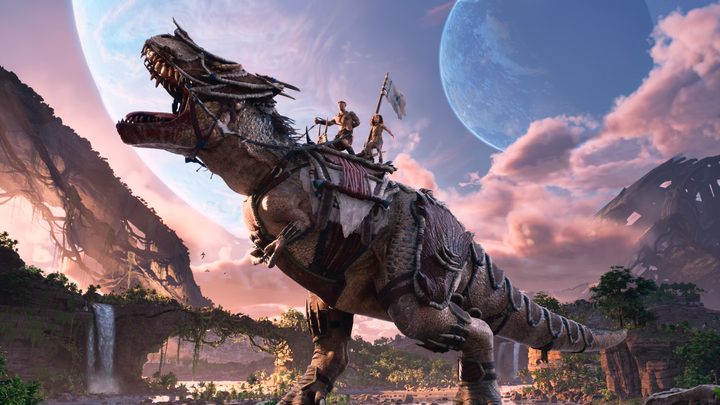 People riding a T-Rex in Ark 2.