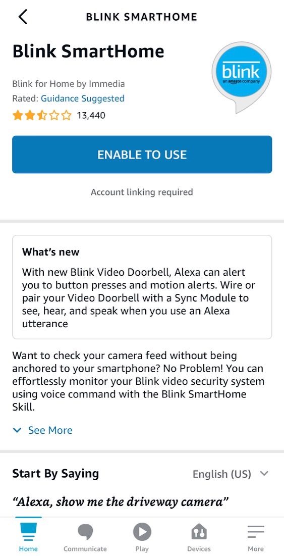 The Blink app showing the downloadable Blink skill for Alexa.