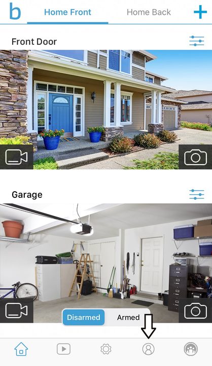 The Blink app on its Home Screen, pointing to the account button.