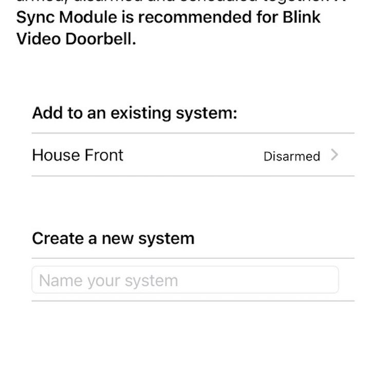 The Blink app on the system creation screen.