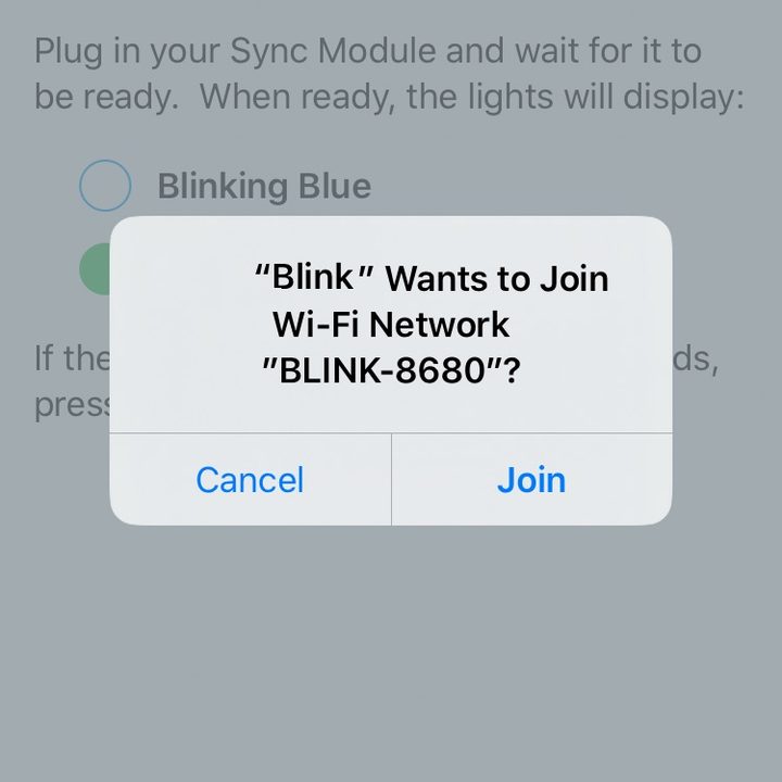 The Blink app asking to join a device's Wi-Fi.