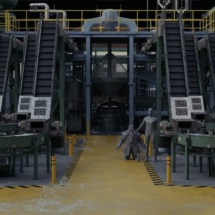 Early visual effects shots featuring several characters in the Uncanny Valley factory.