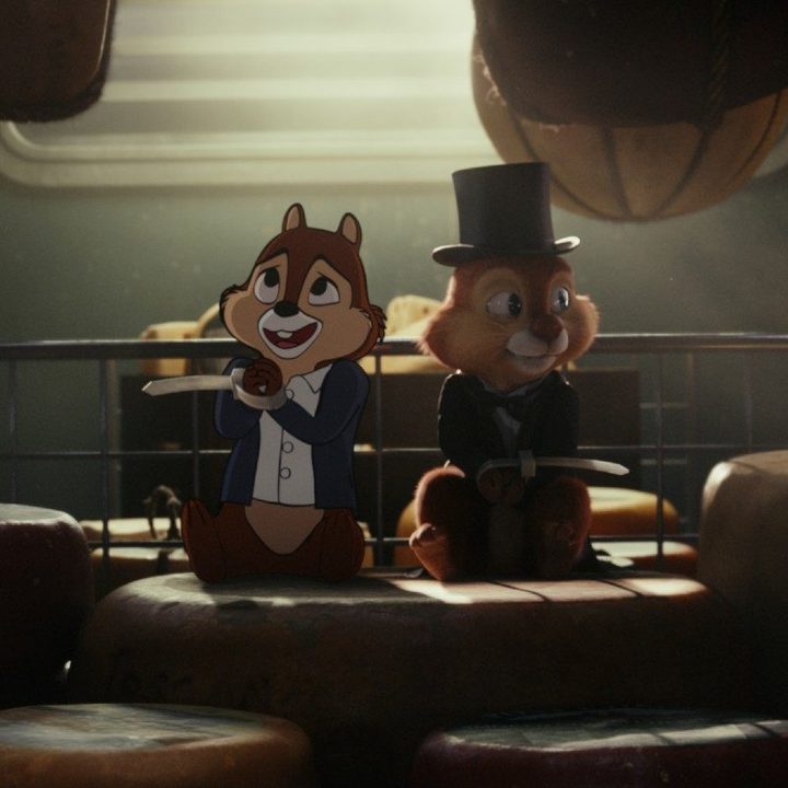 Chip and Dale look around a dark cheese shop.