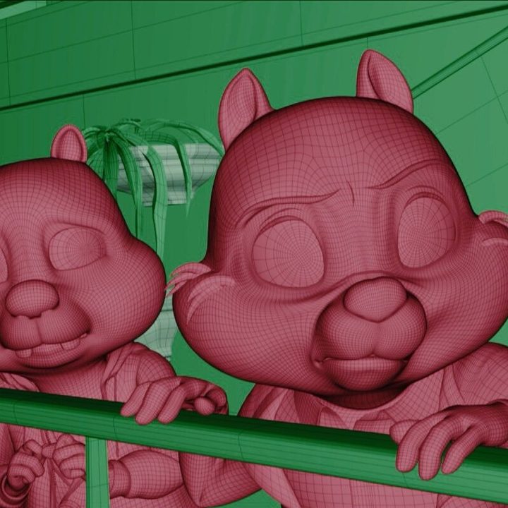 Early visual effects shots of Chip and Dale leaning on a railing.