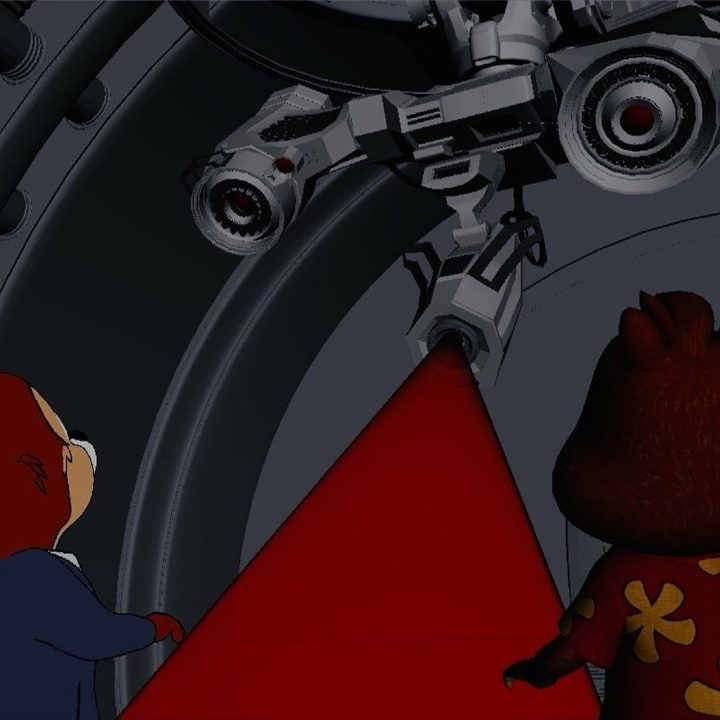 Chip and Dale stare at a high-tech sensor in an early visual effects shot.