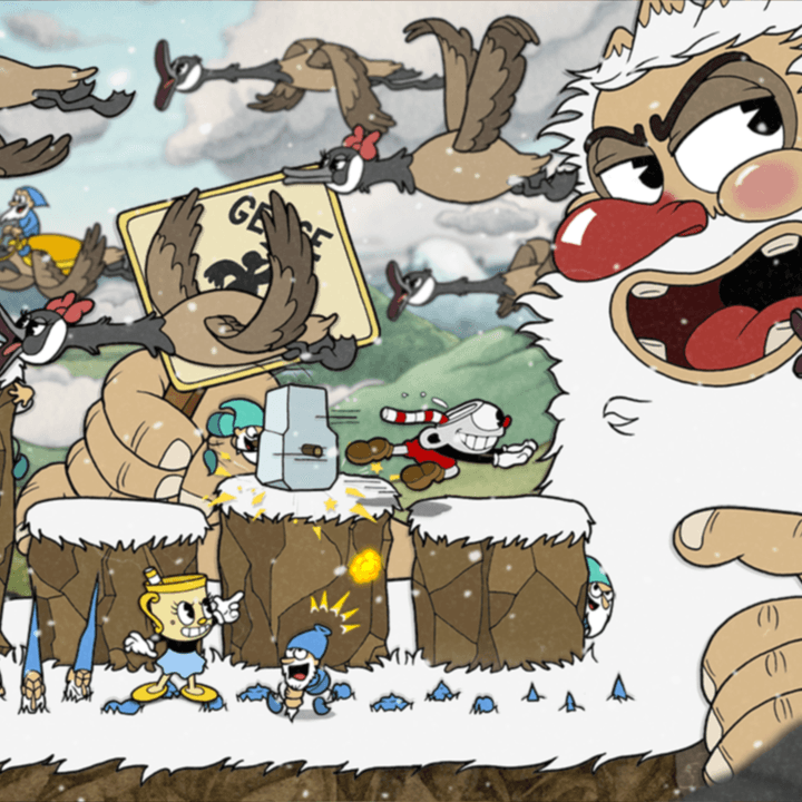 Cuphead and Ms. Chalice fight a gnome in Cuphead: The Delicious Last Course.