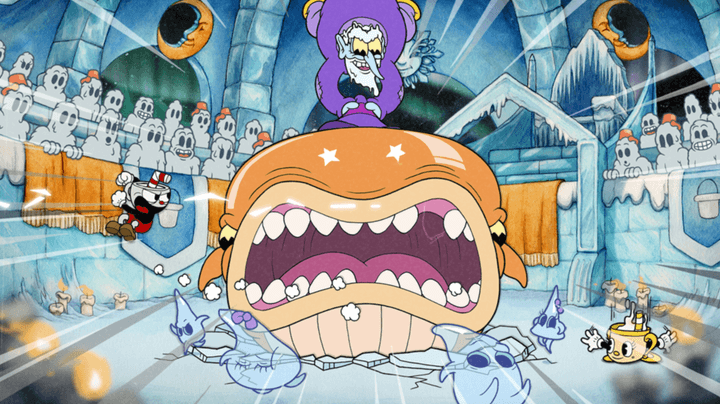 Cuphead fights a snow wizard in Cuphead: The Delicious Last Course.
