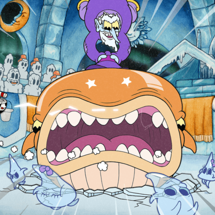 Cuphead fights a snow wizard in Cuphead: The Delicious Last Course.