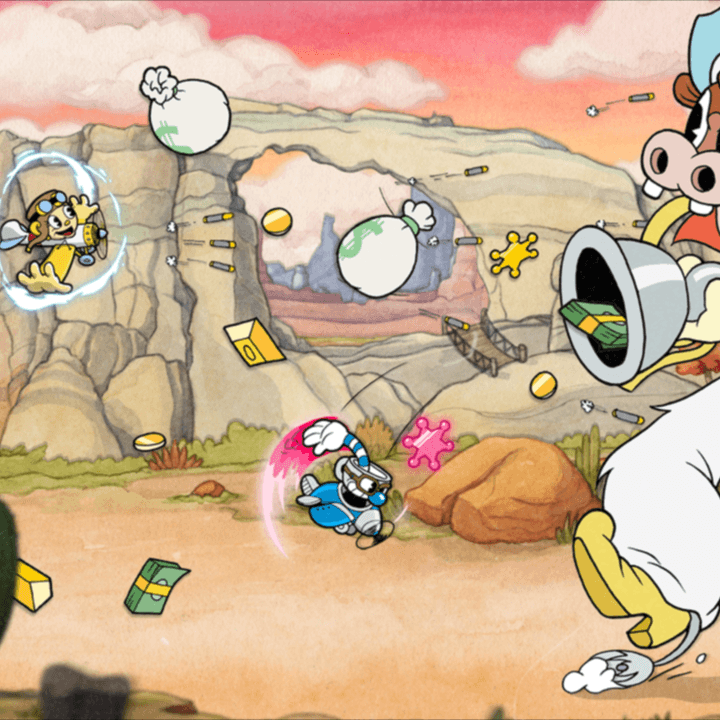 Ms. Chalice and Mugman fight a cow boss in Cuphead: The Delicious Last Course.