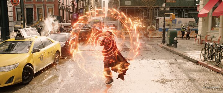 Doctor Strange casts a sawblade-like spell in a scene from Doctor strange in the Multiverse of Madness.