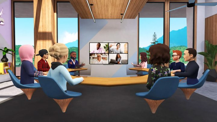 An office meeting happening in the VR Metaverse.