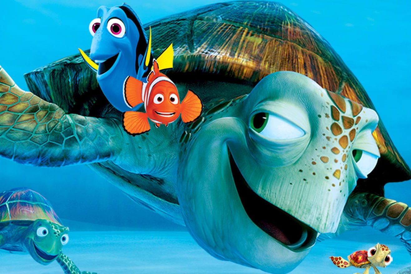 Marlin, Dory, and several turtles pose in promo image for Pixar film Finding Nemo.