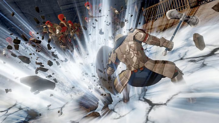 A knight smashes enemies in Fire Emblem Warriors: Three Houses.