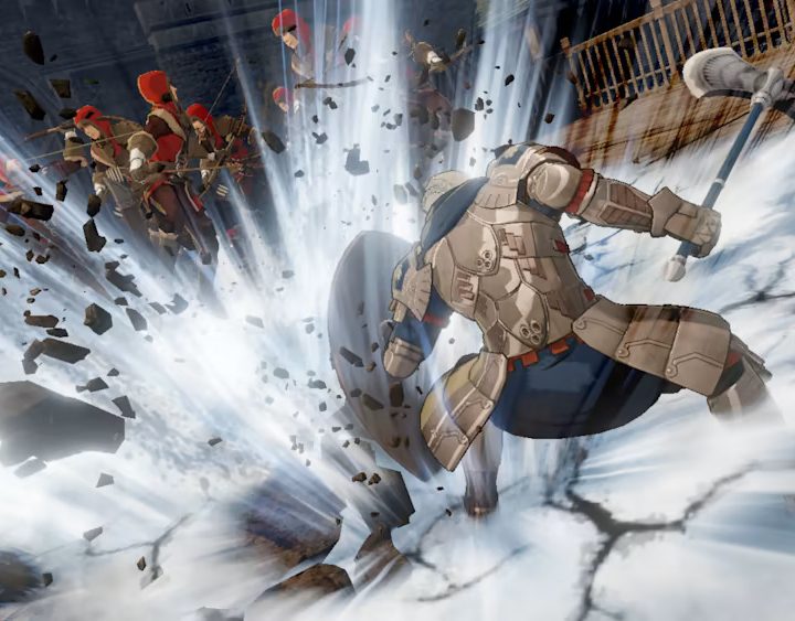 A knight smashes enemies in Fire Emblem Warriors: Three Houses.