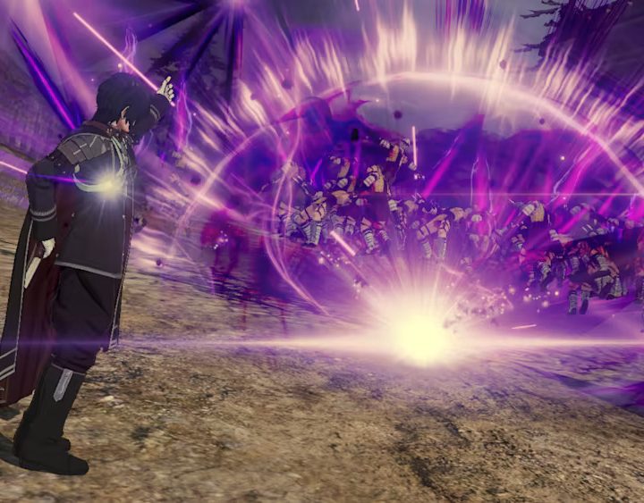 Shez causes a purple explosion in Fire Emblem Warriors: Three Hopes.