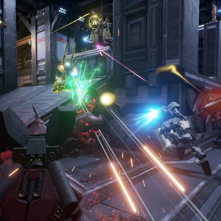 A large group of mobile suits fighting in Gundam Evolution.