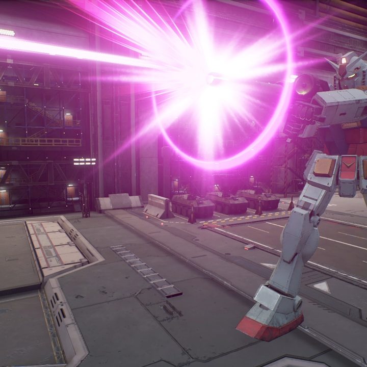 RX-78-2 Gundam firing a beam from its gun in Gundam Evolution.