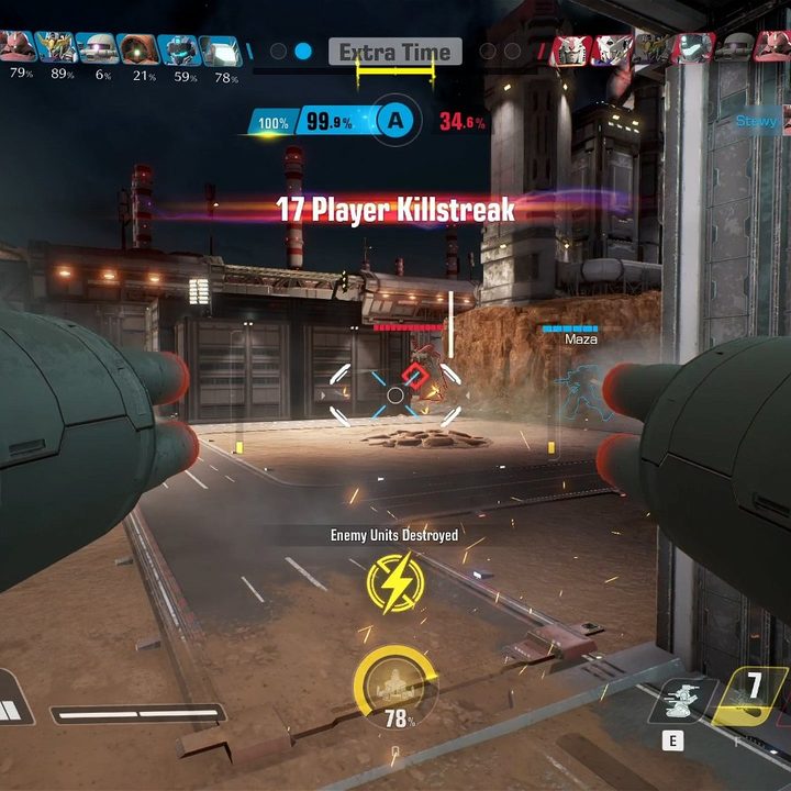 Screenshot of Gundam Evolution from Guntank's perspective with "12 player killstreak" text on the hud.