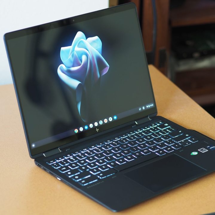HP Elite Dragonfly Chromebook front angled view showing display and keyboard deck.