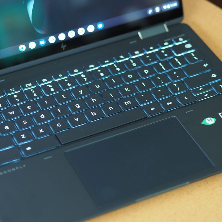 HP Elite Dragonfly Chromebook top down view showing keyboard and touchpad.