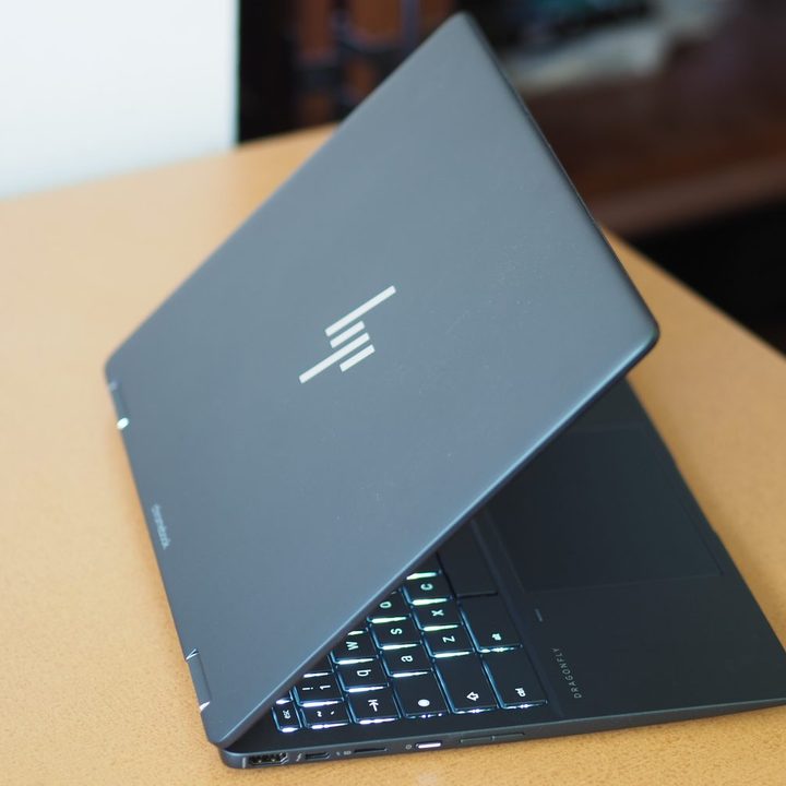 HP Elite Dragonfly Chromebook rear view showing lid and logo.