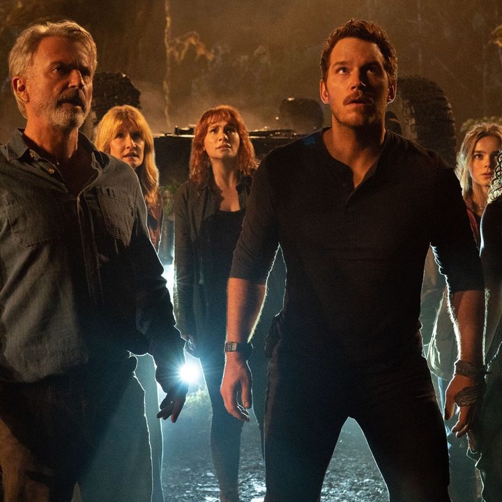 The cast of Jurassic World: Dominion stares up at an approaching dinosaur.