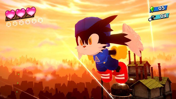 Screenshot from Klonoa Phantasy Reverie Series of Klonoa flying through a sun-setting sky.