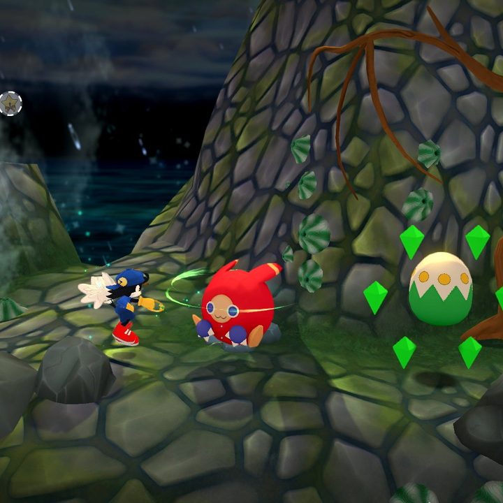 Screenshot from Klonoa Phantasy Reverie Series of Klonoa encountering a Moo infront of a gem surrounded egg inside a cave.