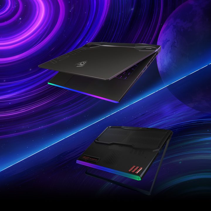 MSI Raider GE67 HX laptops over a purple-blue background.