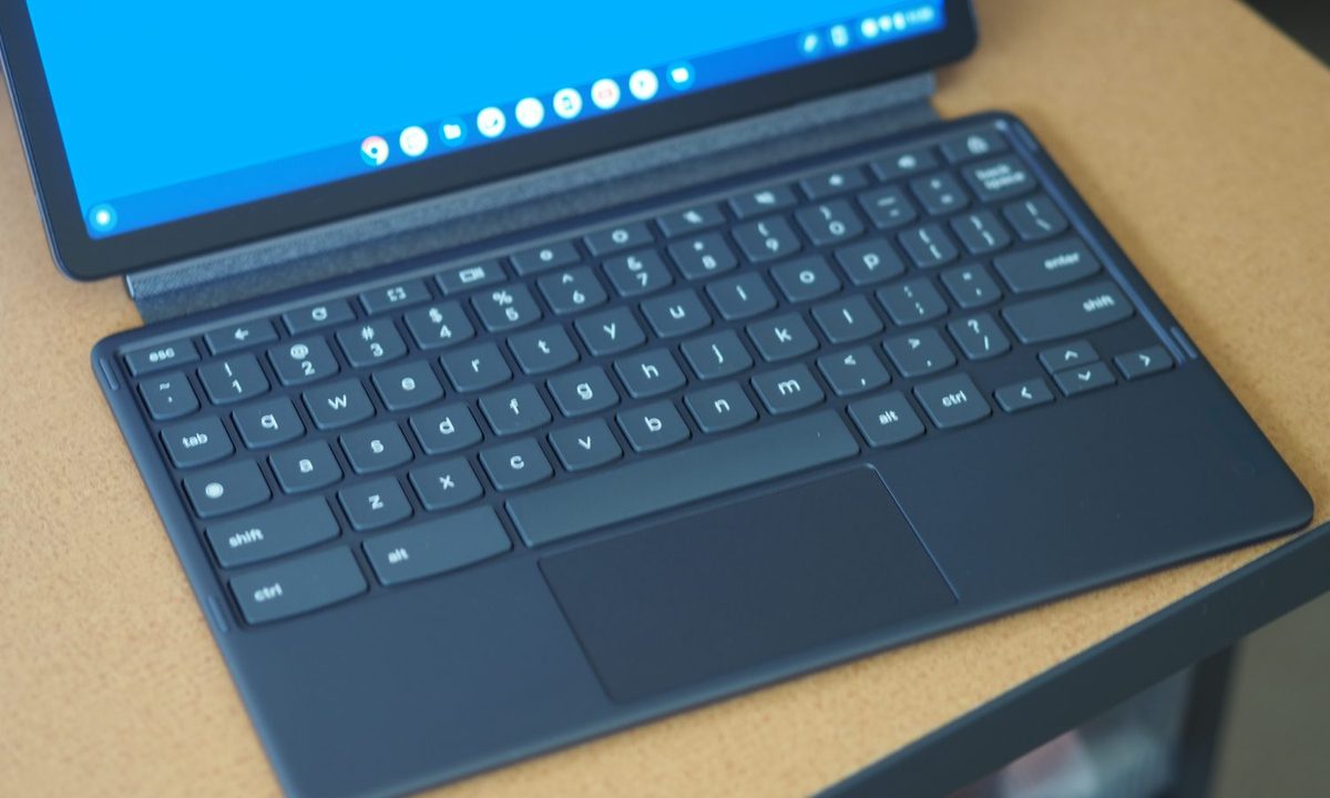 Lenovo Chromebook Duet 3 top down view showing keyboard and touchpad.