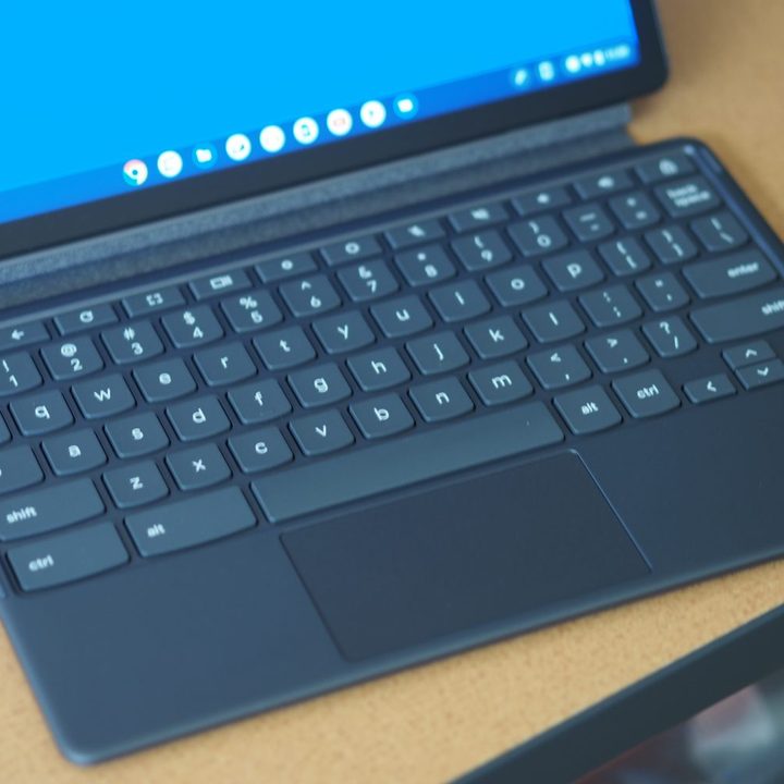 Lenovo Chromebook Duet 3 top down view showing keyboard and touchpad.