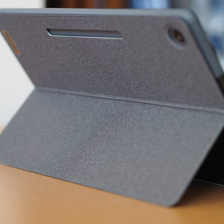 Lenovo Chromebook Duet 3 rear view showing camera and kickstand.