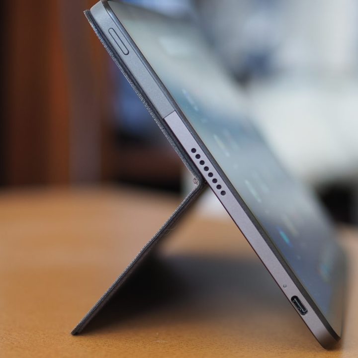 Lenovo Chromebook Duet 3 side view showing kickstand.