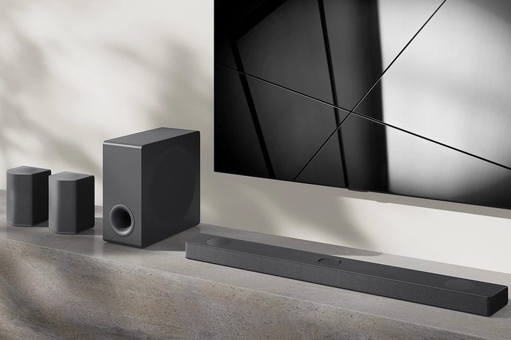 LG S95QR soundbar seen in front of a TV.