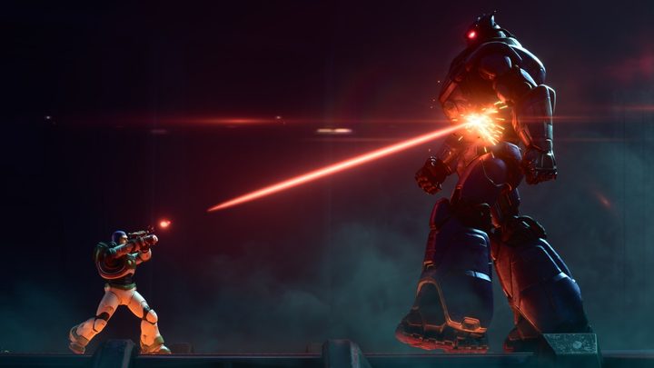 Buzz shoots lasers at Zurg in a scene from Lightyear.