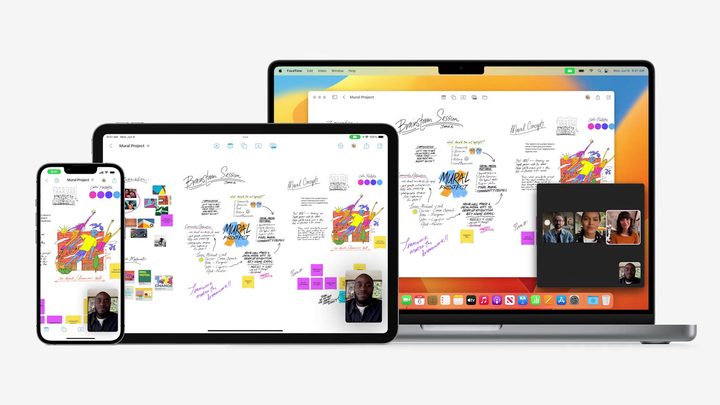 The newly introduced FreeForm app that allows collaborating users to access a digital whiteboard of sorts. The app is displayed across an iPhone, iPad, and Macbook.