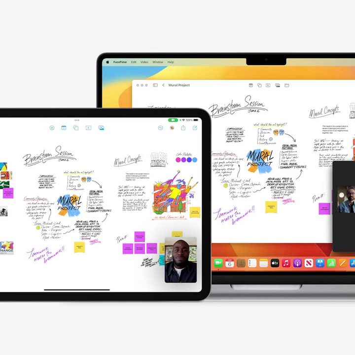 The FreeForm app that allows collaborating users to access a digital whiteboard of sorts. The app is displayed across an iPhone, iPad, and MacBook.