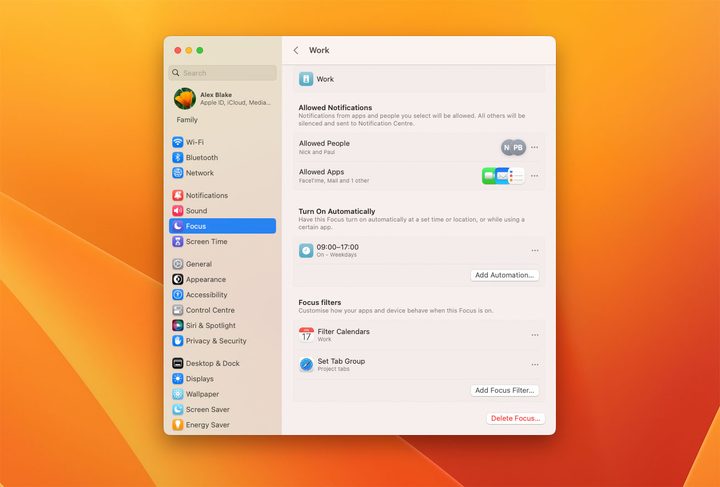 The System Settings app in macOS Ventura showing the Focus section.