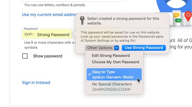 Creating and adjusting a secure password using Safari in macOS Ventura.