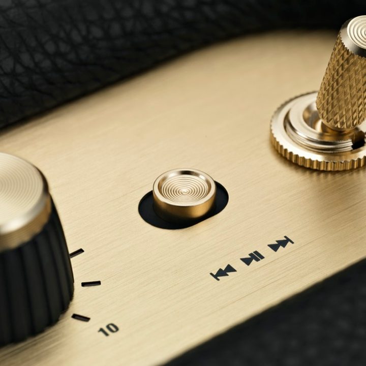 A closeup of the Marshall home speaker third-gen control panel with power toggle switch.