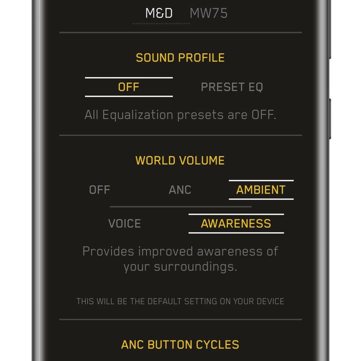 Master & Dynamic app for Android settings screen.