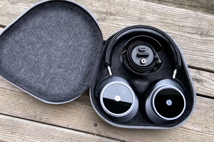 Master & Dynamic MW75 seen in open case.