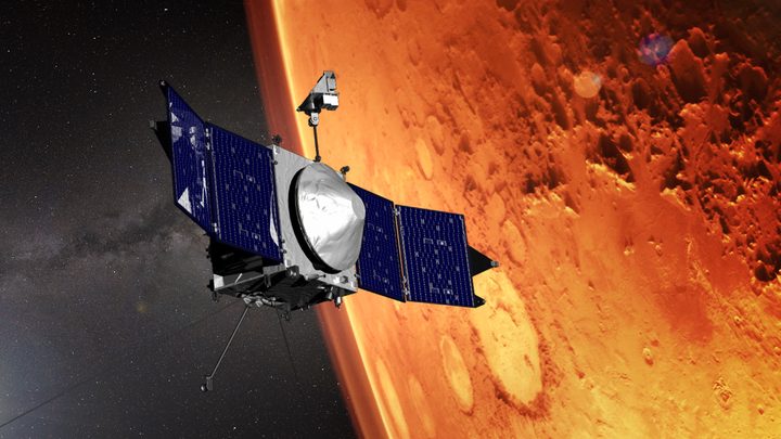 Illustration of the MAVEN spacecraft in orbit around Mars.