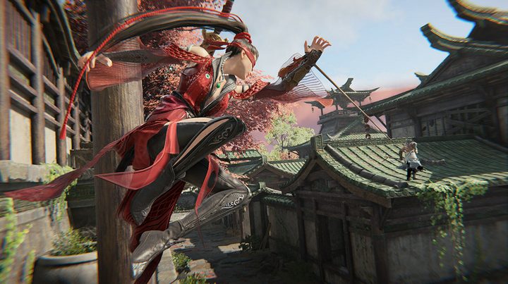 Naraka Bladepoint character grabbing another on top of a rooftop.
