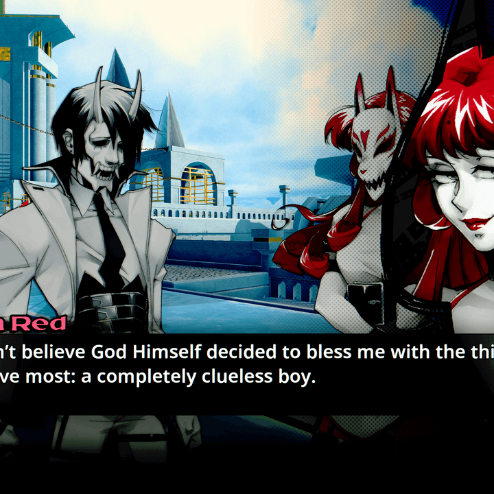 Neon Red makes fun of a character in Neon White.
