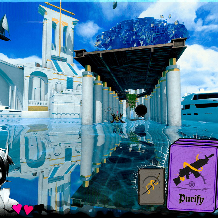 A player looks out at a watery Neon White level.
