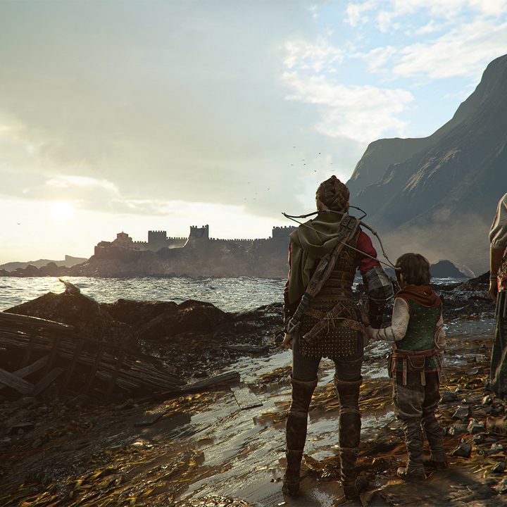 Amicia and Hugo stand on a beach in A Plague Tale: Requiem.